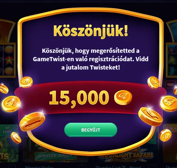 Üdvözlő bónusz szekció a Game Twist weboldalon induló jutalmakkal és regisztrációs ösztönzőkkel