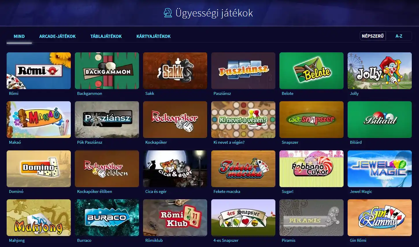 Ügyességi Játékok szekció a Game Twist weboldalon játékos bemenettel és klasszikus mechanikákkal
